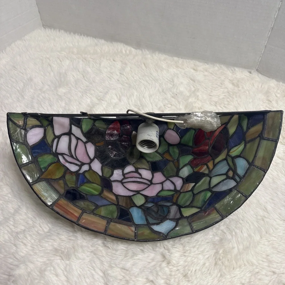 Tiffany Style Wall Sconce Rosebush Floral Vintage Stained Glass Round Fan Light
